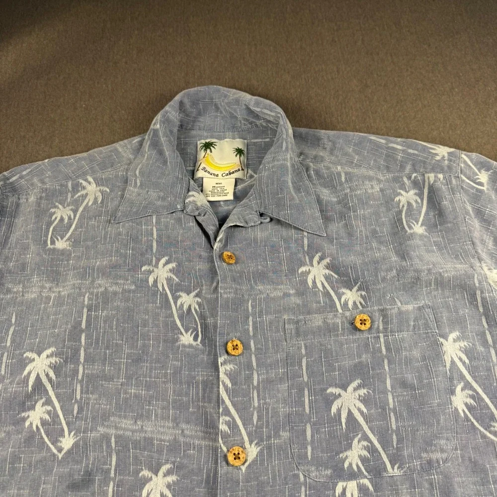 Banana Cabana Mens Blue Silk Palm Tree Print Short Sleeve Button Up Shirt Medium